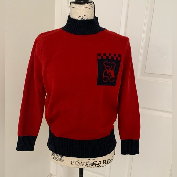 Sweaters - Vintage Red Black Teddy Bear Knit Pocket Mock Neck Sweater